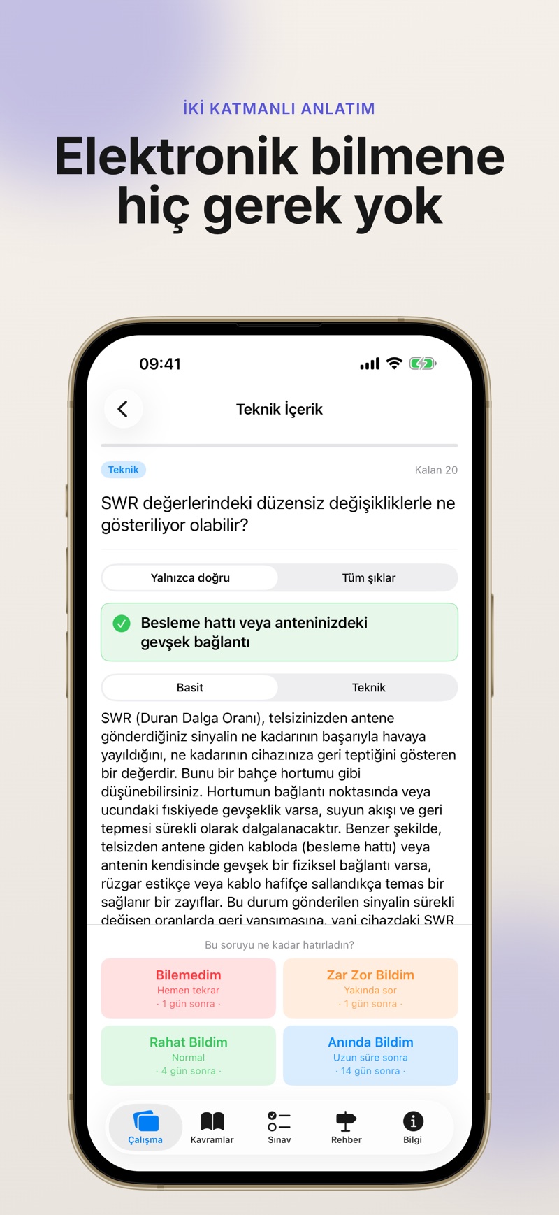 Soruların önce basit analoji sonra teknik detaylarla açıklandığı iki katmanlı anlatım ekranı.