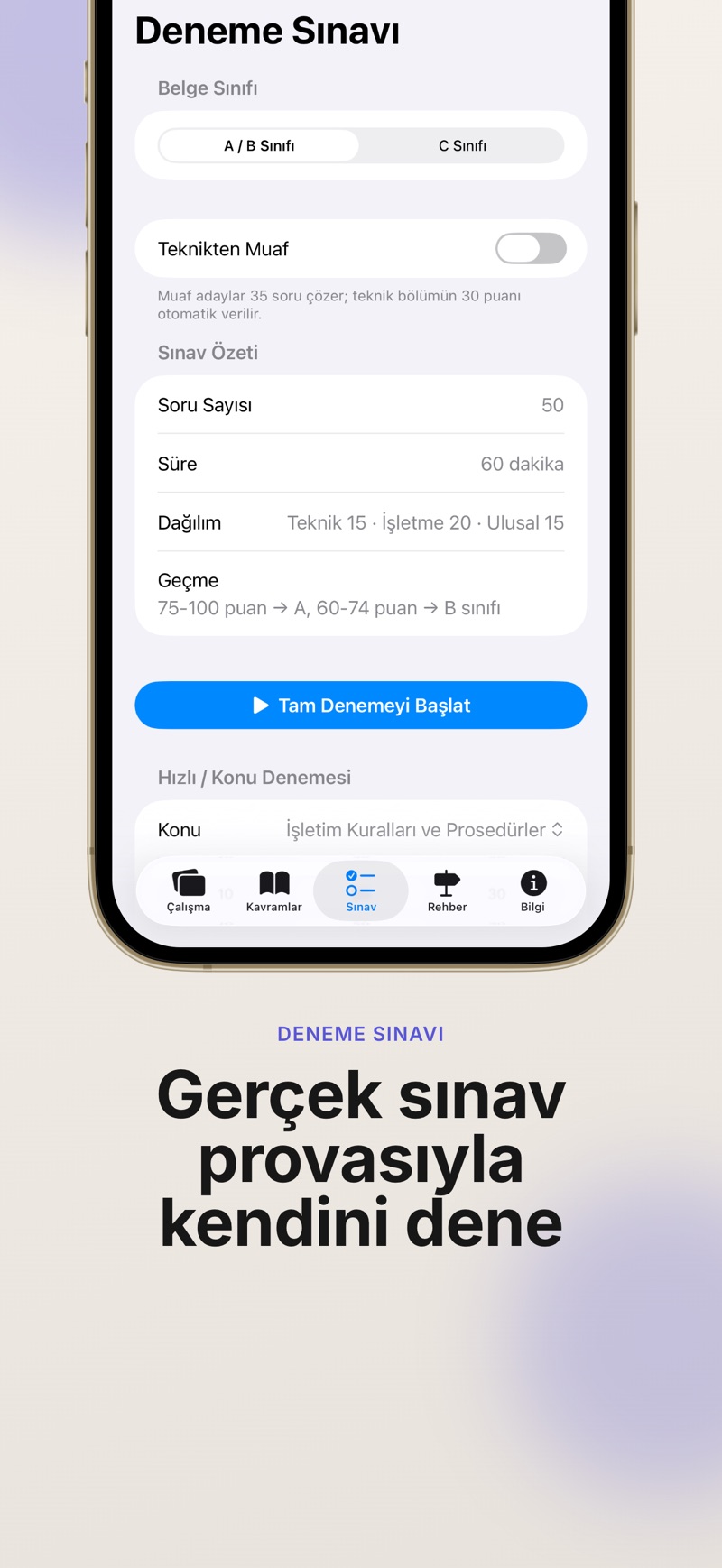 Sınav hazırlığınızı test edebileceğiniz deneme sınavı ekranı.